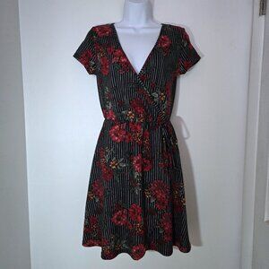 Derek Heart Pinstripe Floral Wrap Dress